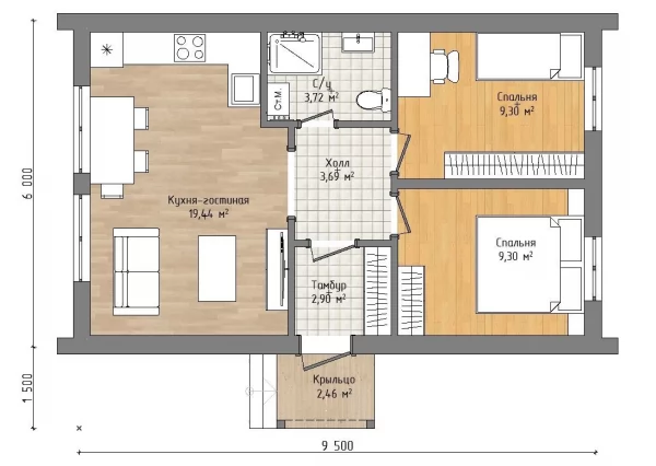 Планировка Barnhouse 9,5х6 «Ратибор» с террасой
