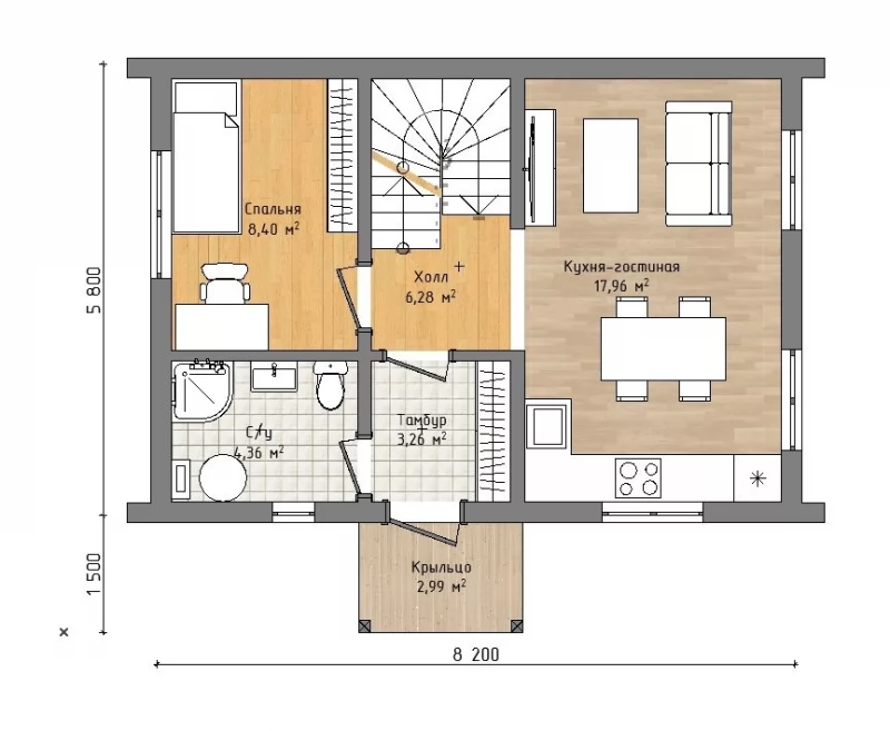 Планировка: Двухэтажный дом «Гремислав» 8,2х5,8 в стиле Barn House с крыльцом