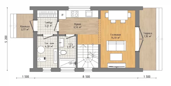 Планировка Двухэтажный дом «Ладимир» 8,5х5,2 в стиле Barn House с крыльцом и террасой
