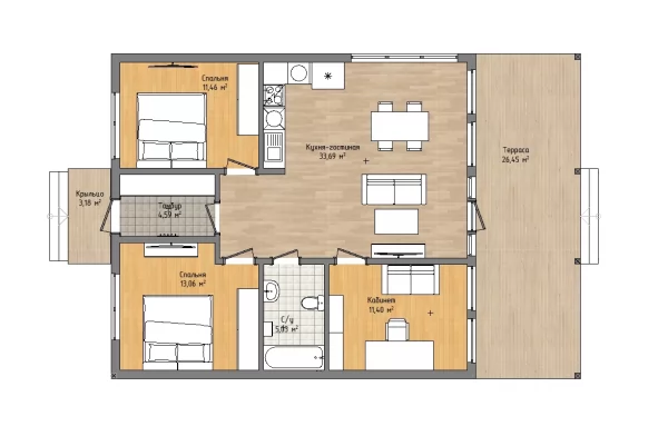Планировка Barnhouse 10х8,9 «Шаламан» с террасой и крыльцом 