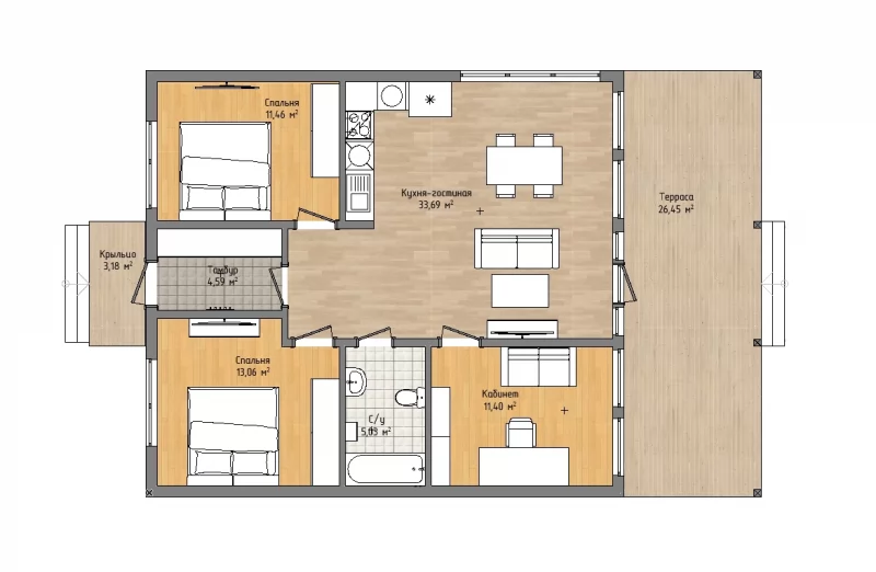 Планировка: Barnhouse 10х8,9 «Шаламан» с террасой и крыльцом 