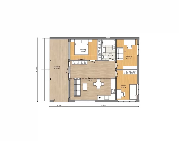 Планировка Barnhouse 9х8 «Ириней» с террасой 