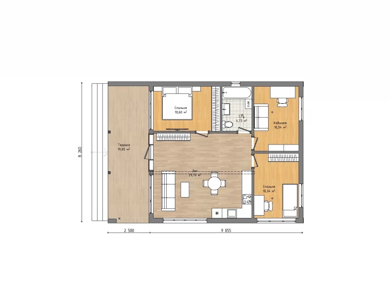 Планировка: Barnhouse 9х8 «Ириней» с террасой 