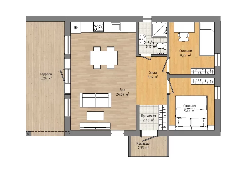 Планировка: Одноэтажный дом «Орион» в стиле Barn House 8,9х6,8 м.