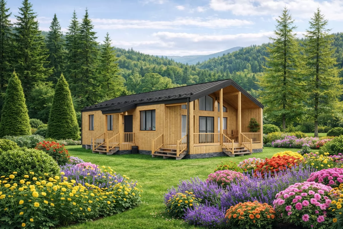 Одноэтажный дом «Коронат» 12х8,5 в стиле Barn House с террасой и крыльцом