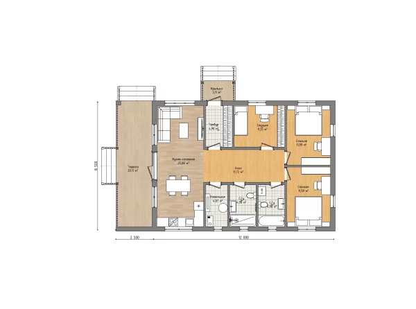 Планировка Одноэтажный дом «Коронат» 12х8,5 в стиле Barn House с террасой и крыльцом