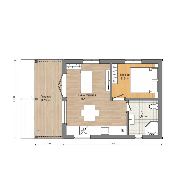 Планировка Одноэтажный дом «Лин» 5,5х7 в стиле Barn House с террасой
