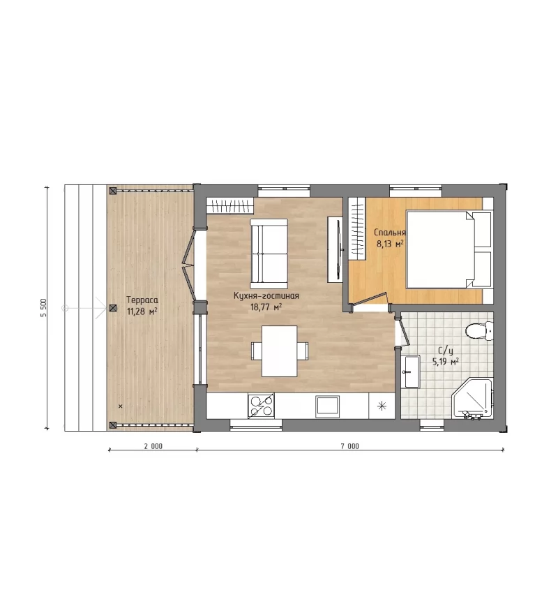 Планировка: Одноэтажный дом «Лин» 5,5х7 в стиле Barn House с террасой