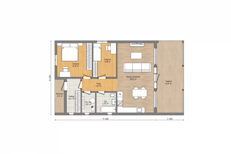 Планировка: Одноэтажный дом «Завулон» в стиле Barn House 8х11 м